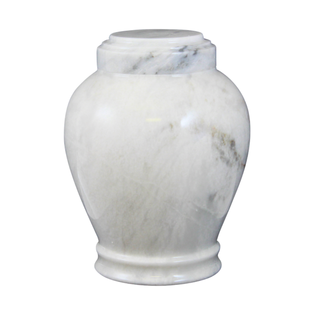 Embrace White marble cremation urn with polished white natural stone and soft gray veining in a modern contemporary design