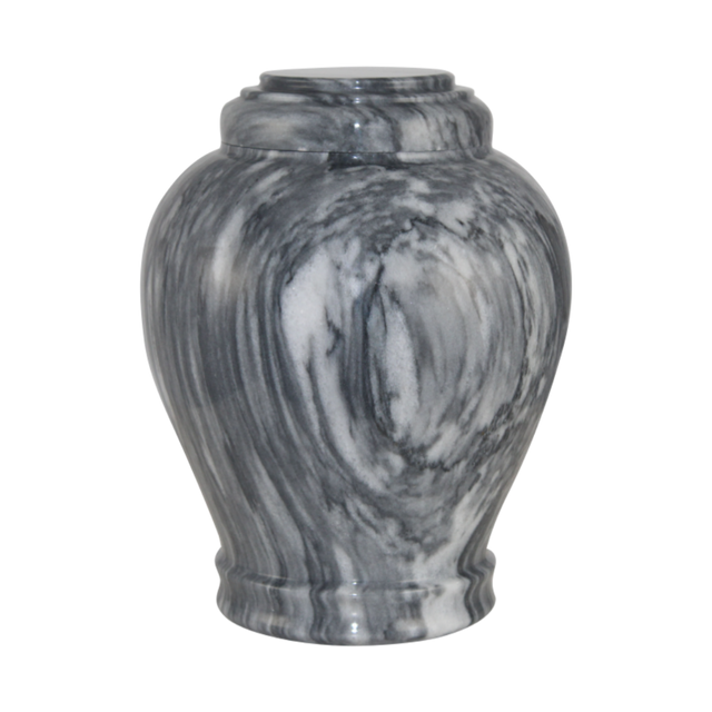 Embrace Cashmere Gray marble cremation urn with polished gray natural stone, white veining, and subtle black undertones