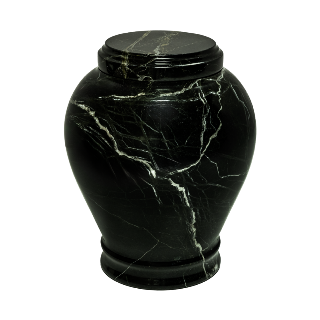 Embrace Green Zebra marble cremation urn with polished natural green marble and distinctive white veining