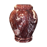 Embrace Red Zebra marble cremation urn with deep maroon natural stone and bold white, black, and gray veining
