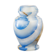 Carpel Blue Onyx keepsake urn with polished radiant blue natural stone, layered cloud patterns, and warm brown marbling