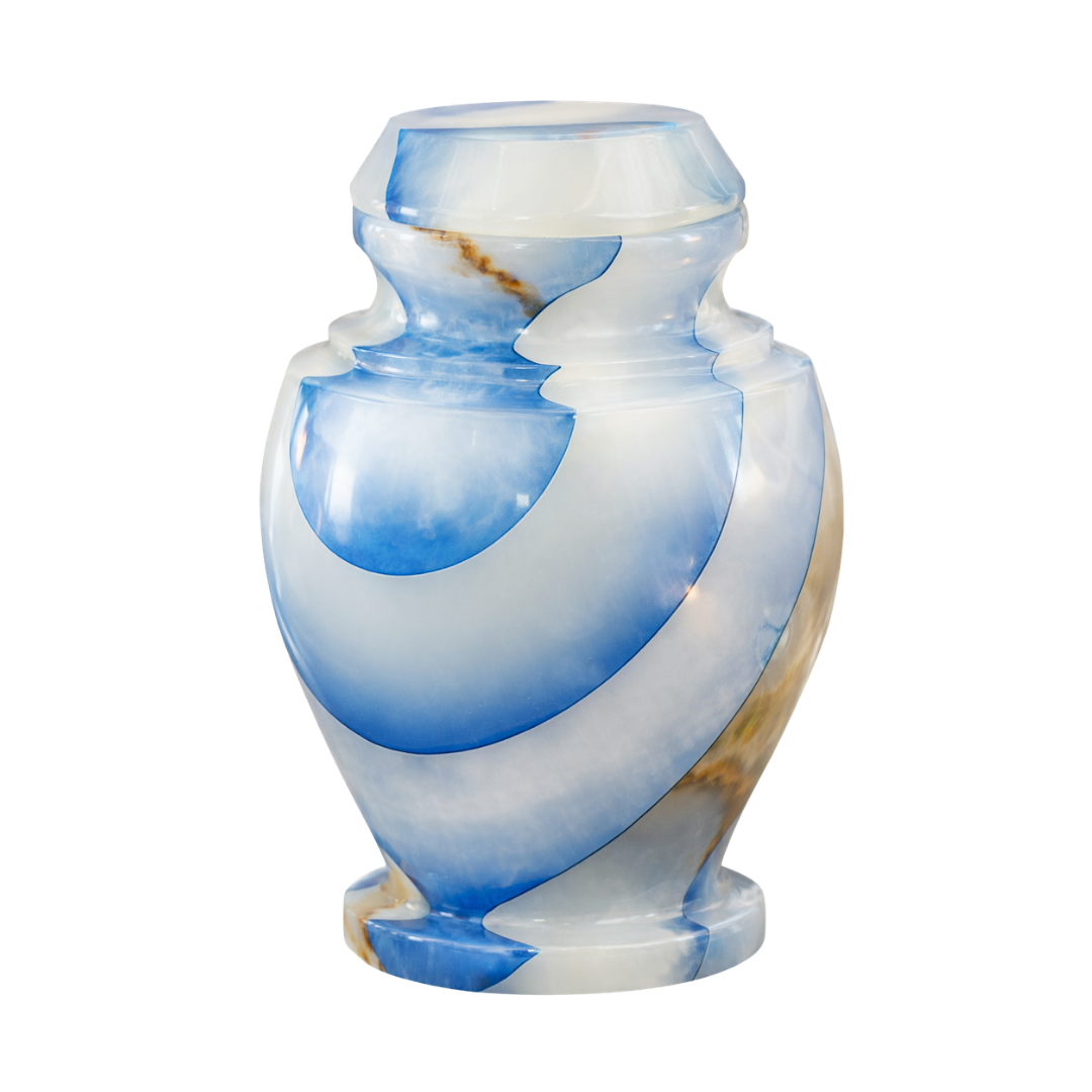 Carpel Blue Onyx keepsake urn with polished radiant blue natural stone, layered cloud patterns, and warm brown marbling