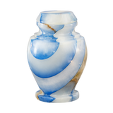 Carpel Blue Onyx keepsake urn with polished radiant blue natural stone, layered cloud patterns, and warm brown marbling