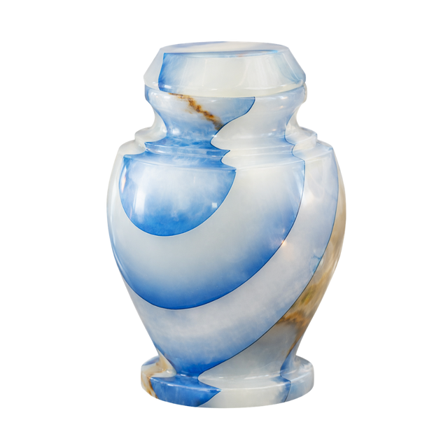 Carpel Blue Onyx keepsake urn with polished radiant blue natural stone, layered cloud patterns, and warm brown marbling