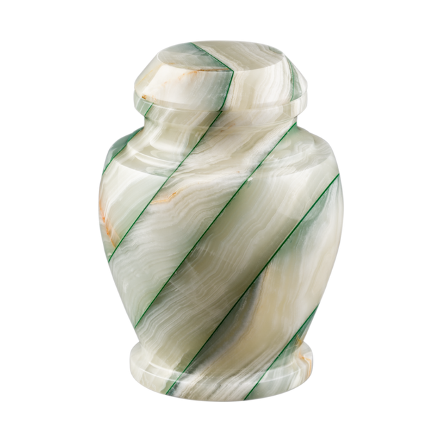 Carpel Green Onyx keepsake urn with polished sage-green natural stone, creamy veining, and elegant vase-inspired design