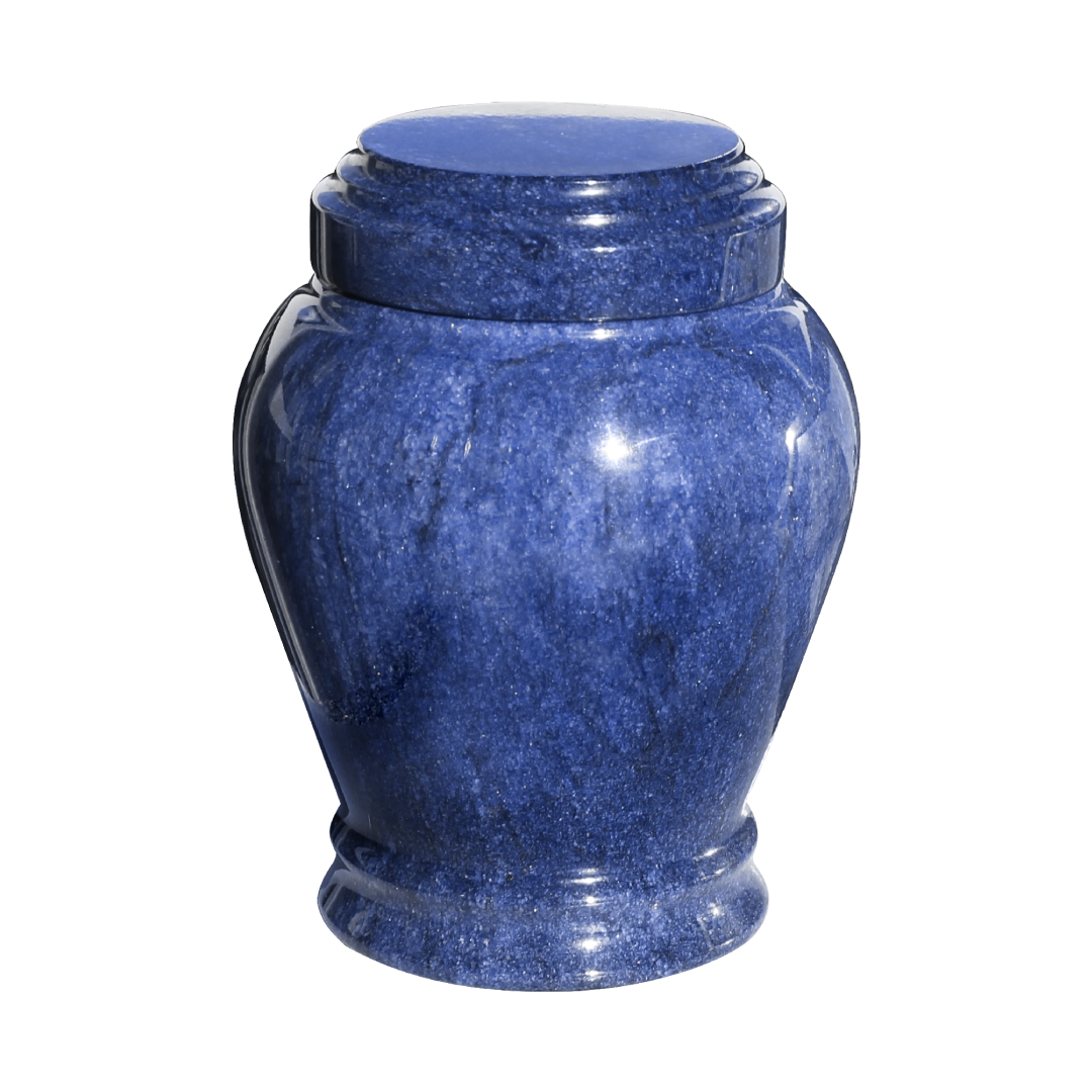 Embrace Blue marble keepsake urn with natural blue stone veining and a seamless polished memorial finish