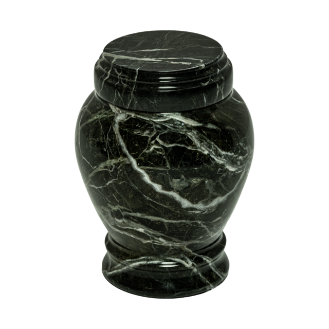 Embrace Green Zebra marble keepsake urn with natural stone veining and a seamless polished memorial finish