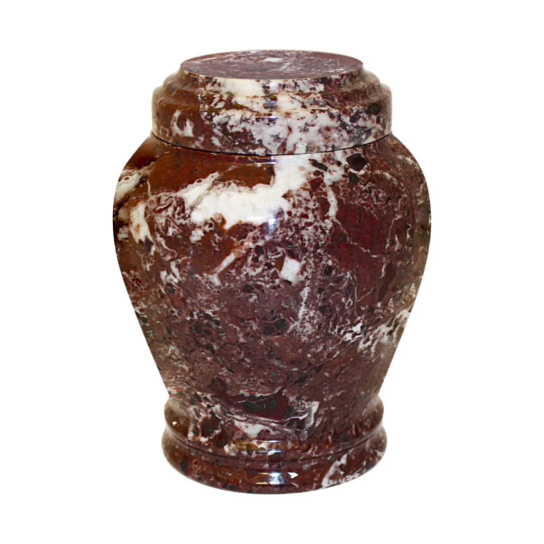 Embrace Red Zebra marble keepsake urn with natural stone veining and a seamless polished memorial design