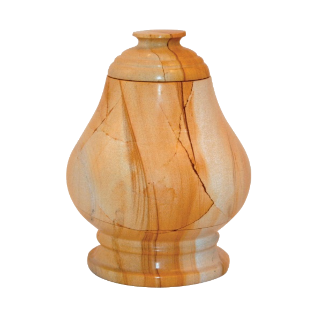 Equator Teak marble keepsake urn with tan natural stone and dark brown and orange wood-like veining