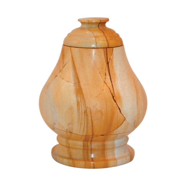 Equator Teak marble keepsake urn with tan natural stone and dark brown and orange wood-like veining