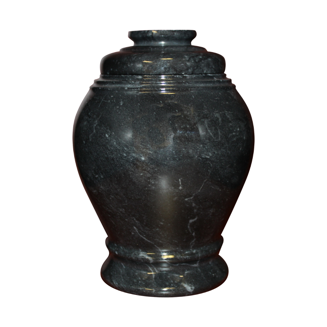 Ebony marble keepsake urn with natural black stone featuring gray and white veining and a seamless polished finish