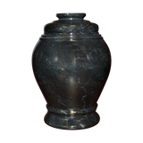 Ebony marble keepsake urn with natural black stone featuring gray and white veining and a seamless polished finish