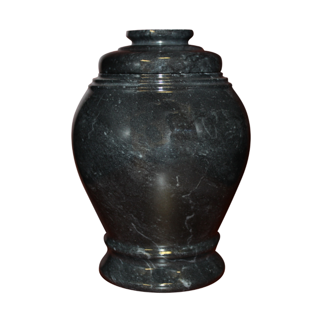 Ebony marble keepsake urn with natural black stone featuring gray and white veining and a seamless polished finish