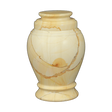 Love Teak heart-shaped marble keepsake urn with tan stone and dark brown and orange wood-like natural veining