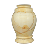 Love Teak heart-shaped marble keepsake urn with tan stone and dark brown and orange wood-like natural veining