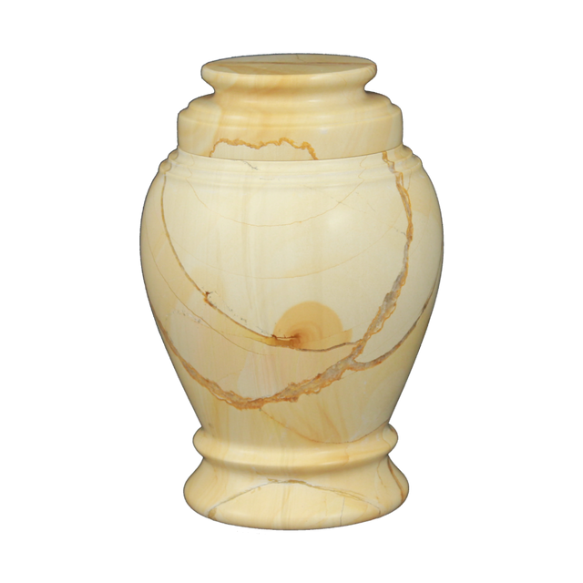 Love Teak heart-shaped marble keepsake urn with tan stone and dark brown and orange wood-like natural veining