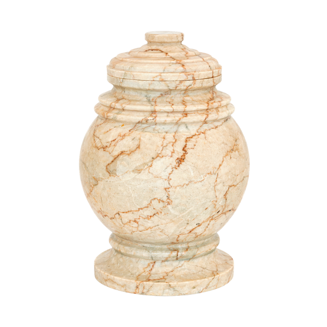 Princess Cameo marble keepsake urn in tan natural stone with brown and pink veining and a seamless polished finish
