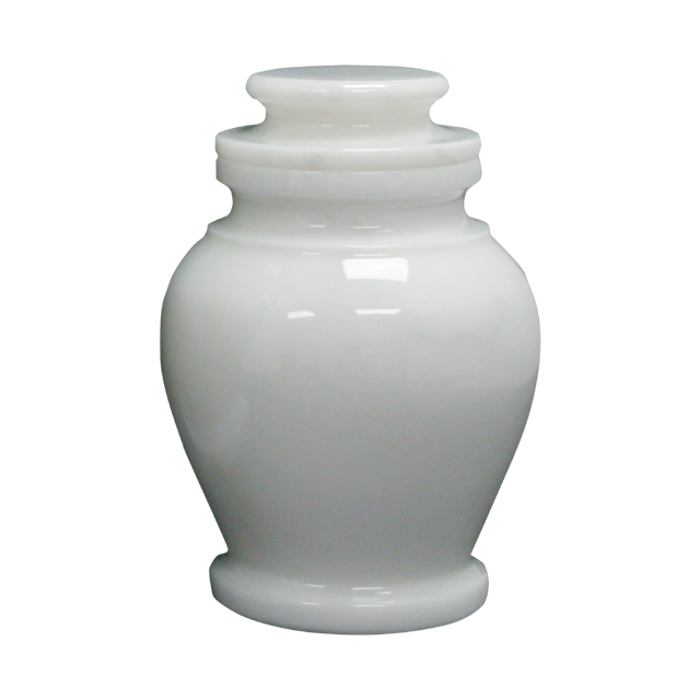 Serenity Antique White marble keepsake urn with natural white and light gray veining and a seamless polished stone finish