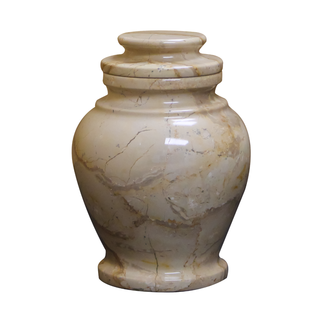 Serenity Cameo beige marble keepsake urn with natural red and brown veining and a seamless polished stone finish