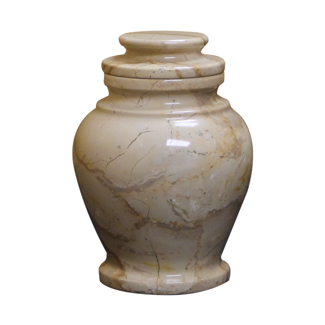 Serenity Cameo beige marble keepsake urn with natural red and brown veining and a seamless polished stone finish