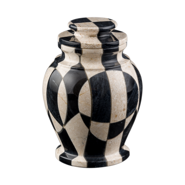 Serenity Nouveau keepsake urn handcrafted from Cameo and Ebony marble with modern cubist design and contrasting natural stone