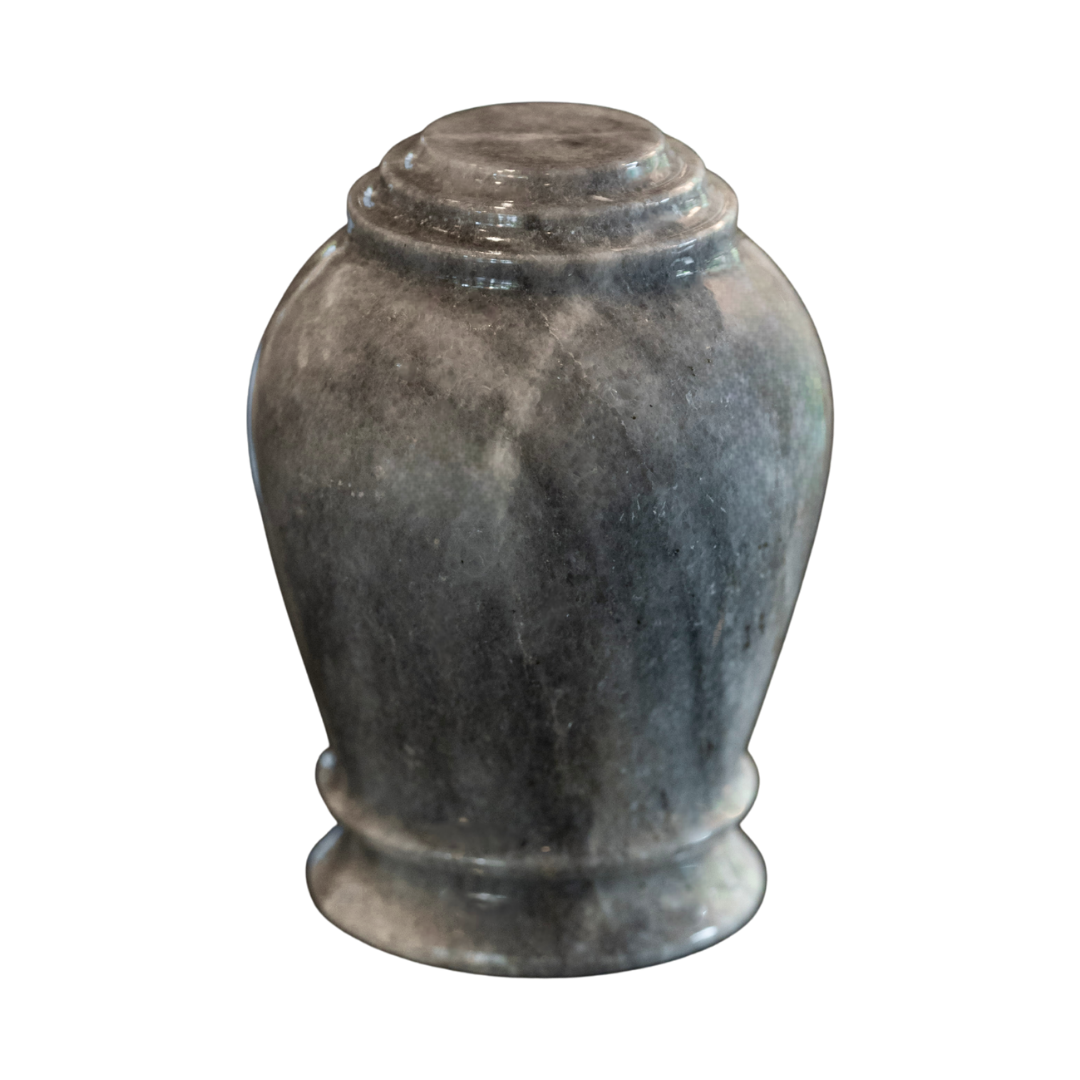 Embrace Cashmere Gray marble memento urn crafted from natural gray stone with soft veining and polished vase-shaped design