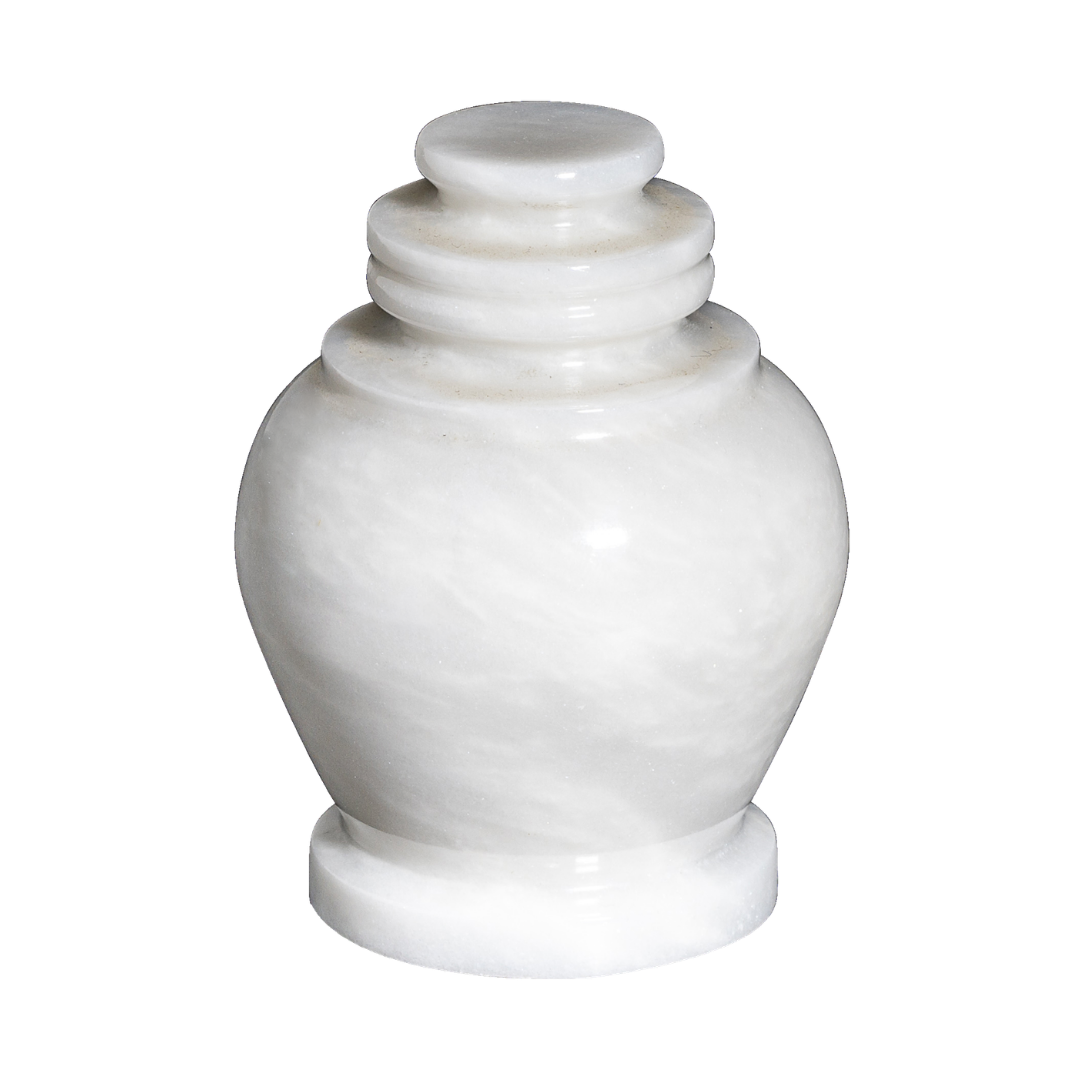 Serenity Antique White marble keepsake urn with warm creamy white natural stone and subtle gray veining in a polished finish