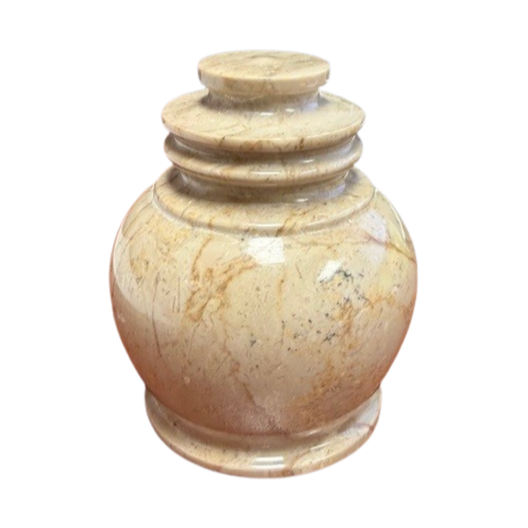 Serenity Cameo marble memento urn crafted from natural beige stone with brown and pink veining in a compact memorial design