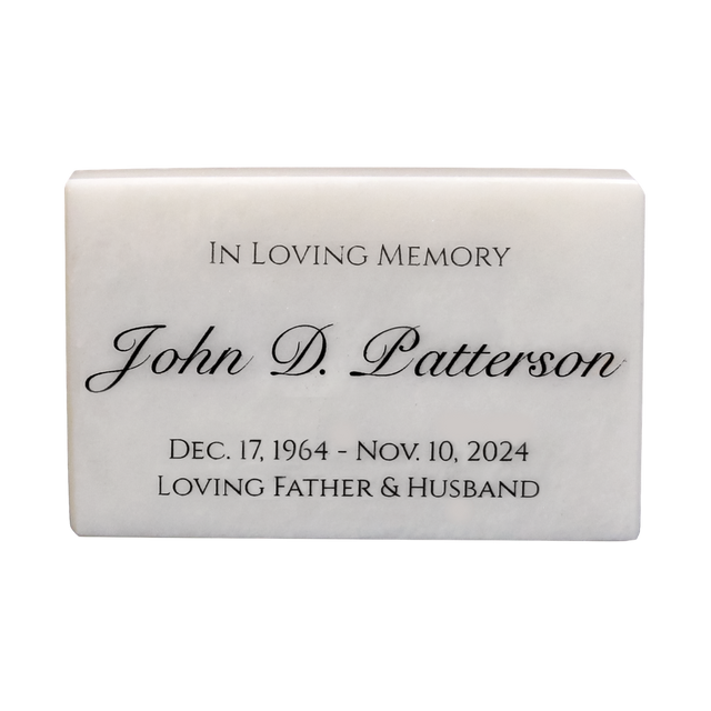Personalized Antique White marble memorial name plaque with custom engraving and warm ivory natural stone with subtle veining