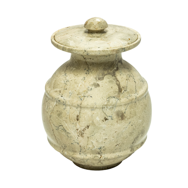 Cameo marble pet urn with polished beige natural stone, honey and white veining, engraved design, and elegant memorial shape