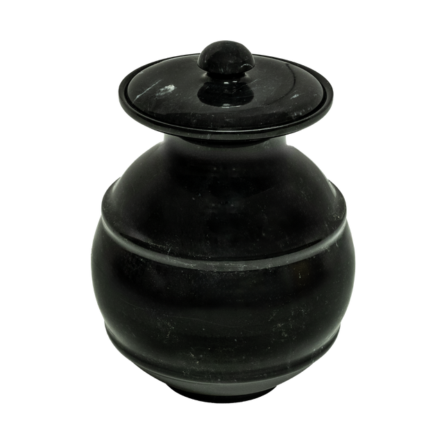 Ebony marble pet urn with polished black natural stone, bold white and gray veining, engraved design, and elegant memorial shape