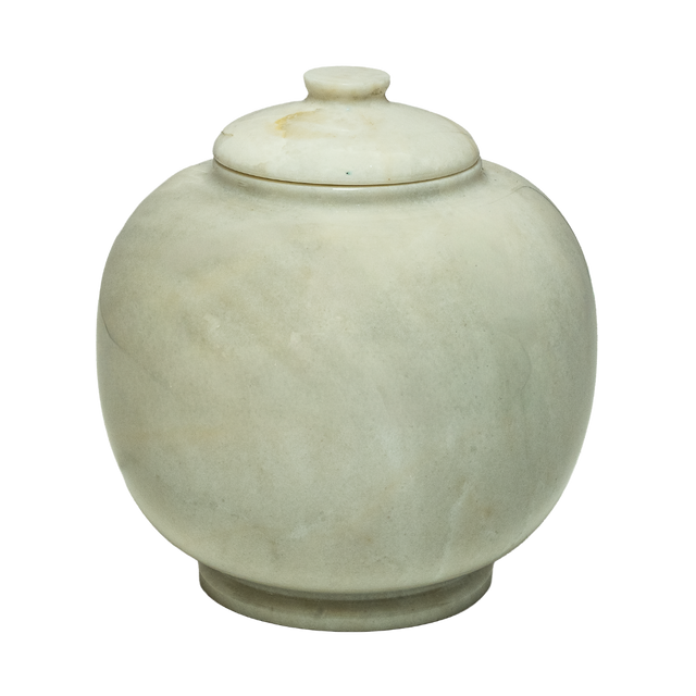 Antique White marble pet urn with warm ivory stone, subtle natural veining, and elegant engraved memorial design