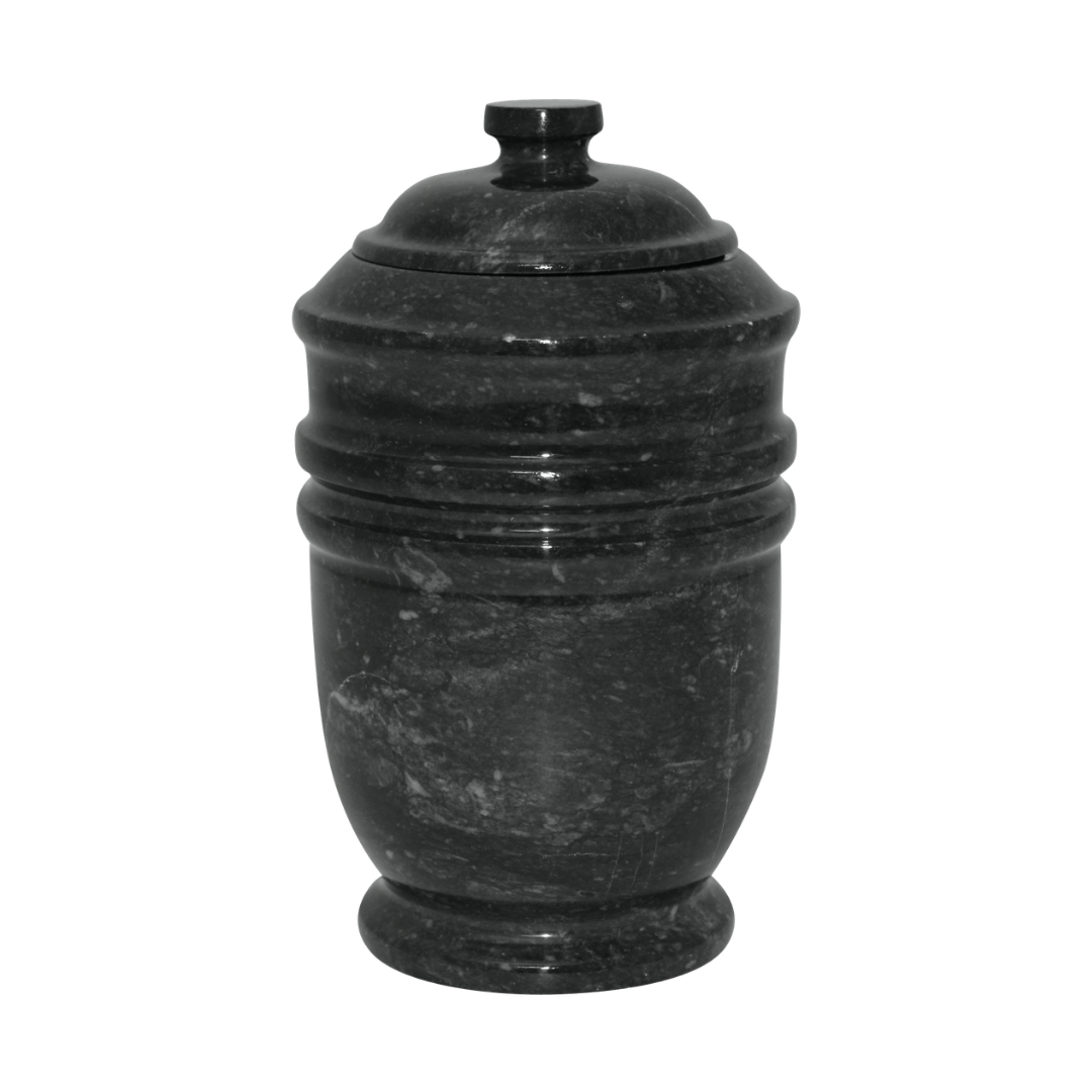 Ebony marble pet urn with polished black natural stone, bold white and gray veining, and elegant engraved memorial design