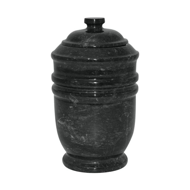Ebony marble pet urn with polished black natural stone, bold white and gray veining, and elegant engraved memorial design