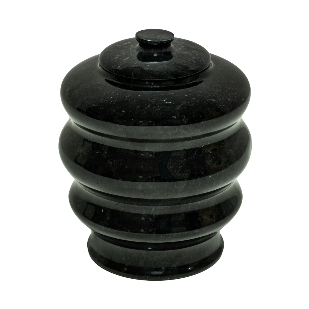Ebony marble pet urn with polished black natural stone featuring bold white and light gray veining for pet ashes