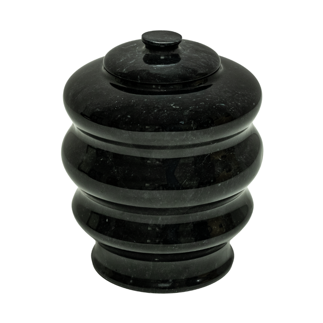 Ebony marble pet urn with polished black natural stone featuring bold white and light gray veining for pet ashes
