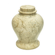Cameo marble pet urn with creamy beige natural stone, golden veining, engraved design, and threaded plug opening