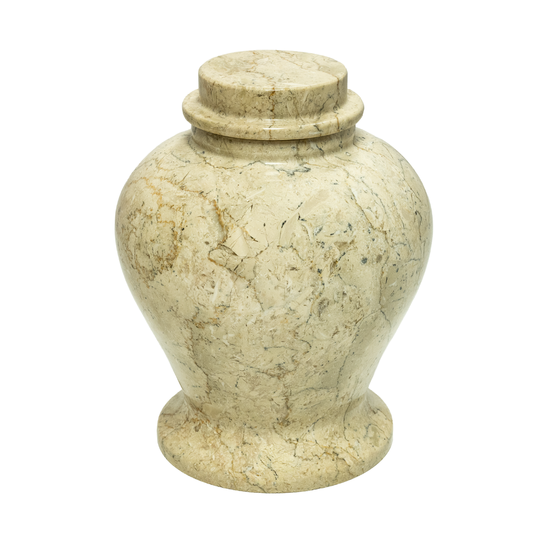 Cameo marble pet urn with creamy beige natural stone, golden veining, engraved design, and threaded plug opening
