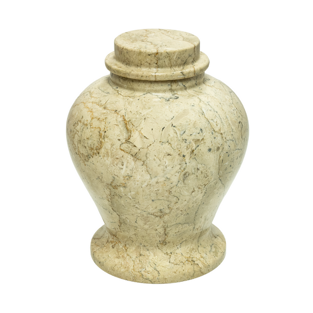 Cameo marble pet urn with creamy beige natural stone, golden veining, engraved design, and threaded plug opening