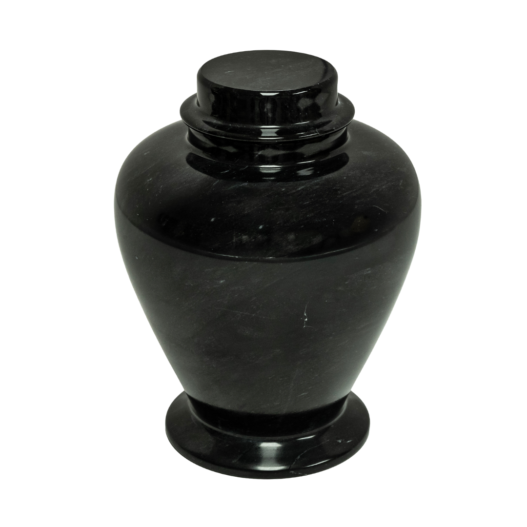 Ebony marble pet urn with black natural stone, bold white and gray veining, and an elegant polished memorial finish