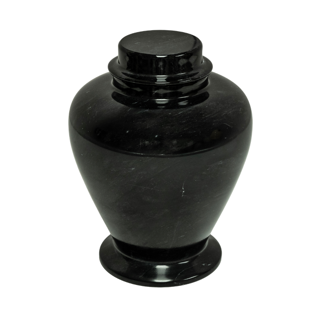 Ebony marble pet urn with black natural stone, bold white and gray veining, and an elegant polished memorial finish