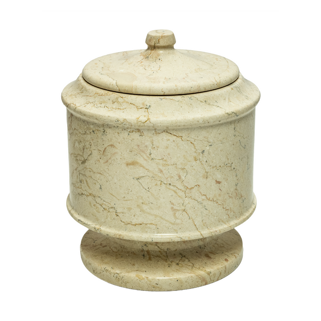 Cameo marble pet urn with creamy beige natural stone, white and golden-brown veining, and a polished memorial finish