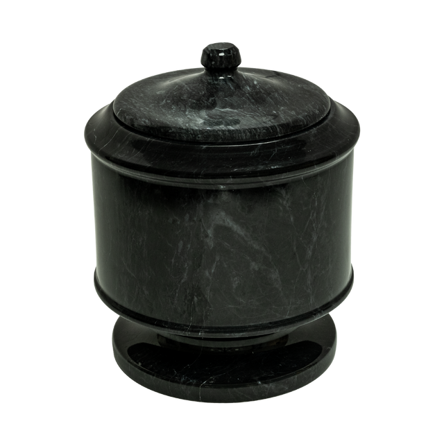 Ebony marble pet urn with polished black natural stone featuring bold white and light gray veining for a lasting memorial